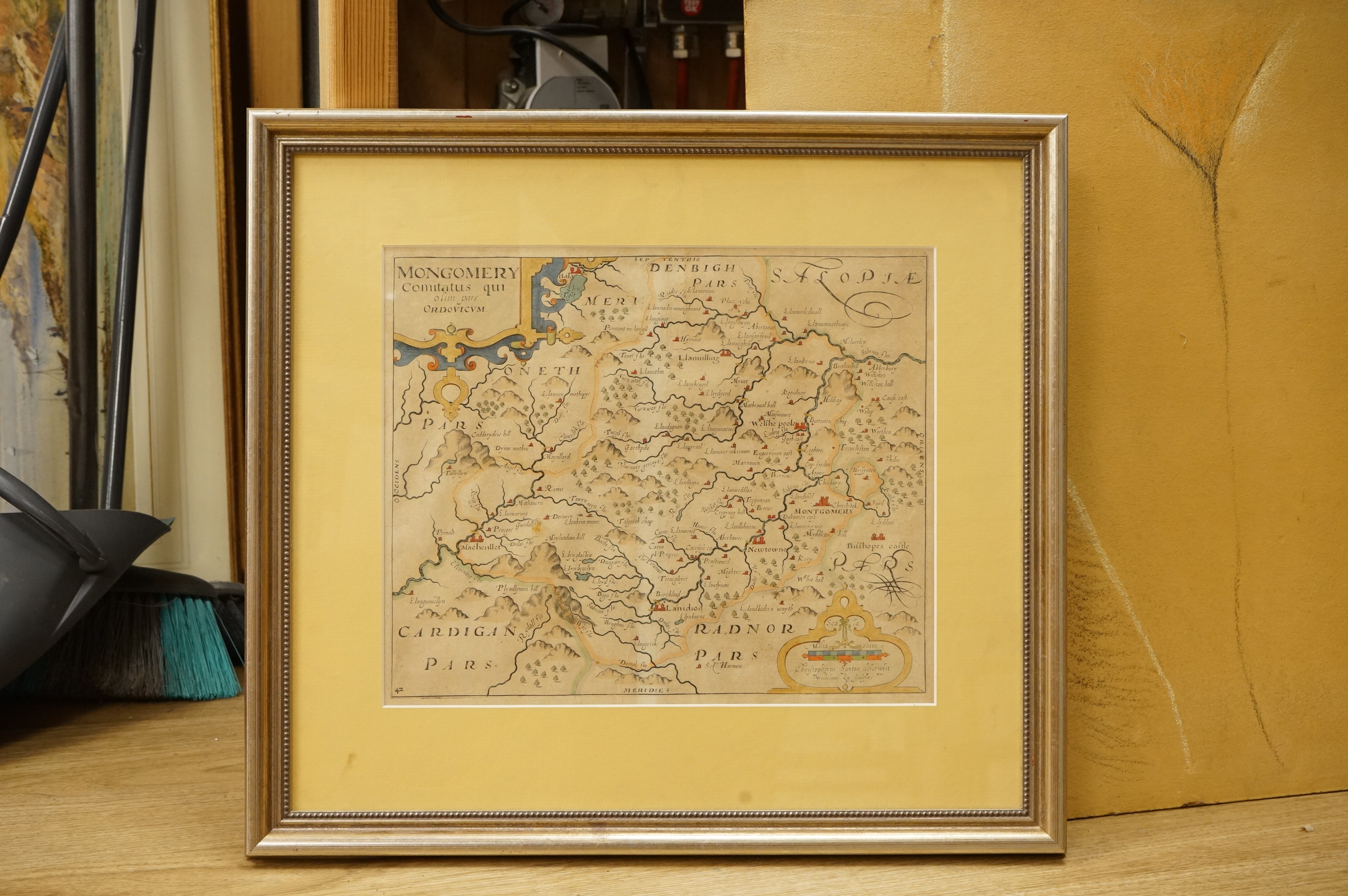Christopher Saxon, Map of Montgomery, hand coloured engraving, 28 x 33cm